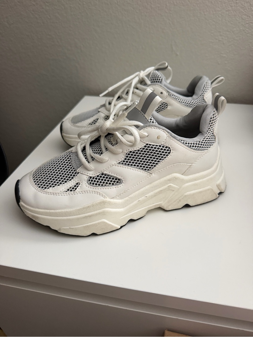 H&M Women's White and Gray Chunky Mesh Lace-Up Sneakers